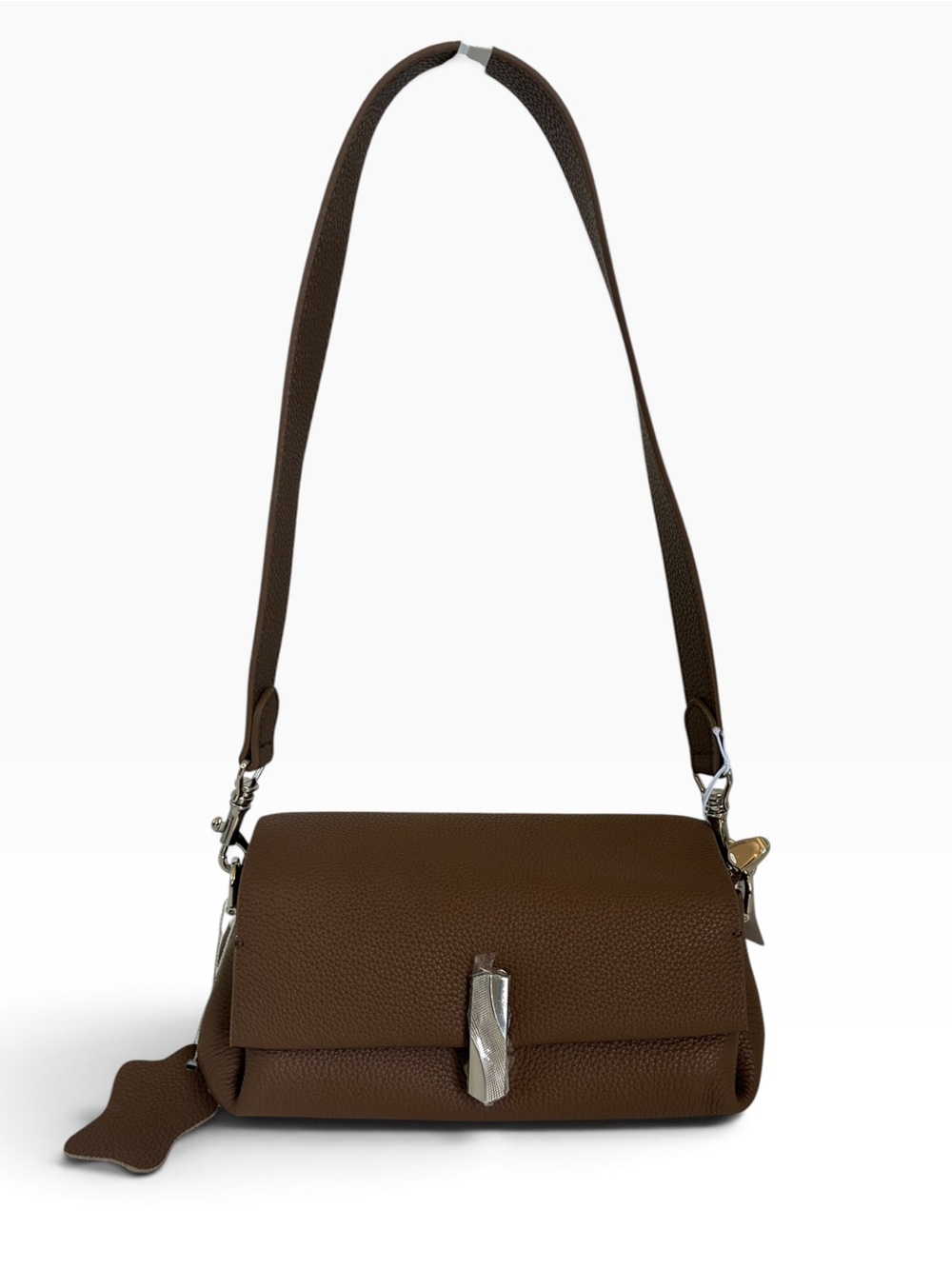 Brown Pebbled Leather Shoulder Bag with Silver Hardware